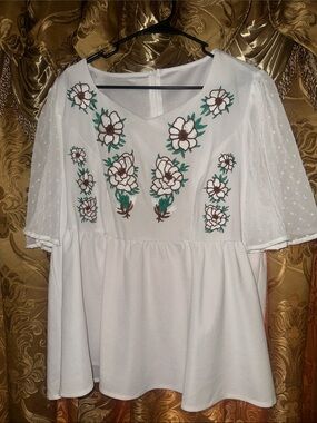 SHEIN White Embroidered Floral Peplum Blouse with Green Accents